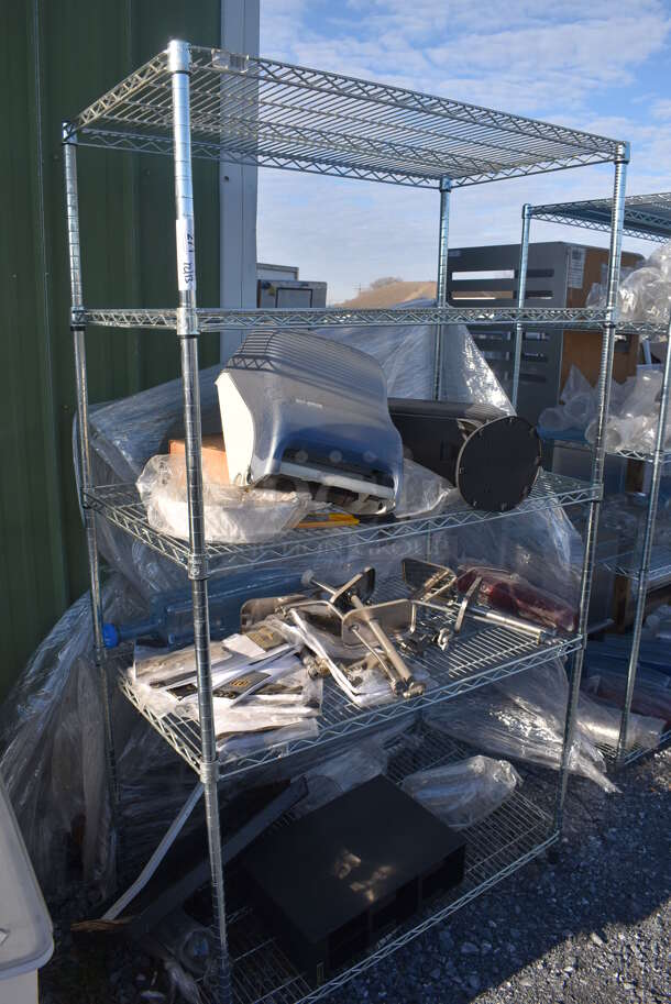 Metro Chrome Finish 5 Tier Wire Shelving Unit w/ Contents Including Poly Paper Towel Dispenser. BUYER MUST DISMANTLE. PCI CANNOT DISMANTLE FOR SHIPPING. PLEASE CONSIDER FREIGHT CHARGES. 42x22x74 - Image 1 of 4