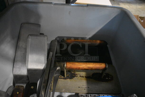 ALL ONE MONEY! Lot of Spatulas, Bacon Presses and Forks in Gray Poly Bus Bin - Image 3 of 5
