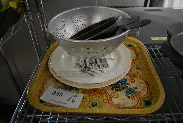 ALL ONE MONEY! Lot of Tray, 2 Ceramic Plates, Metal Colander and 2 Metal Pieces!