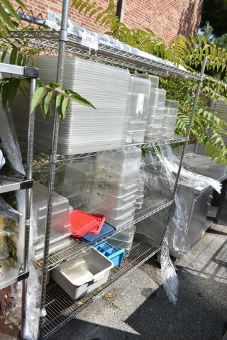 Chrome Finish 4 Tier Wire Shelving Unit w/ Contents Including Poly Bins, Poly Lids, Bus Bin. BUYER MUST DISMANTLE. PCI CANNOT DISMANTLE FOR SHIPPING. PLEASE CONSIDER FREIGHT CHARGES.
