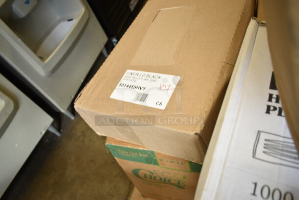 PALLET LOT of 20 BRAND NEW Boxes Including 50012W Choice 12 oz. White Poly Paper Hot Cup - 1000/Case, 394365L Noble Products Powder-Free Disposable Clear Vinyl Gloves for Foodservice - Large - 1000/Case, 795KFT44RNPE Choice 44 oz. Round Kraft PE-Lined Microwavable Take-Out Container 7 5/16" x 2 5/8" - 300/Case, 130HCUTFWR Visions Individually Wrapped White Heavy Weight Plastic Fork - 1000/Case, 2 Box 17622STPNLCL Choice 22 oz. Clear SAN Plastic Paneled Tumbler - 12/Pack, 5014455HVY Lavex Hercules 56 Gallon 2 Mil 44" x 55" Low Density Heavy-Duty BlackCan Liner / Trash Bag - 50/Case, 395TO961 EcoChoice 9" x 6" x 3" Compostable Sugarcane / Bagasse 1 Compartment Take-Out Container - 200/Case, 5012423M1 Lavex Li'l Herc 10 Gallon 1 Mil 24" x 23" Low Density Medium-Duty Black Can Liner / Trash Bag - 500/Case, Purell 5215-02 Healthy Soap. 20 Times Your Bid! - Image 10 of 12