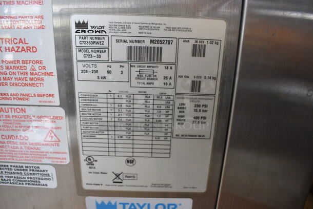 2012 Taylor Model C723-33 Stainless Steel Commercial Floor Style 2 Flavor w/ Twist Soft Serve Ice Cream Machine on Commercial Casters. Missing Pieces. 208-230 Volts, 3 Phase. 23x34x55 - Image 6 of 7