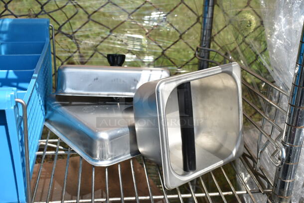 Chrome Finish 5 Tier Shelving Unit w/ Contents Including Blue Silverware Caddies, China Cap Strainers. BUYER MUST DISMANTLE. PCI CANNOT DISMANTLE FOR SHIPPING. PLEASE CONSIDER FREIGHT CHARGES.  - Image 7 of 12