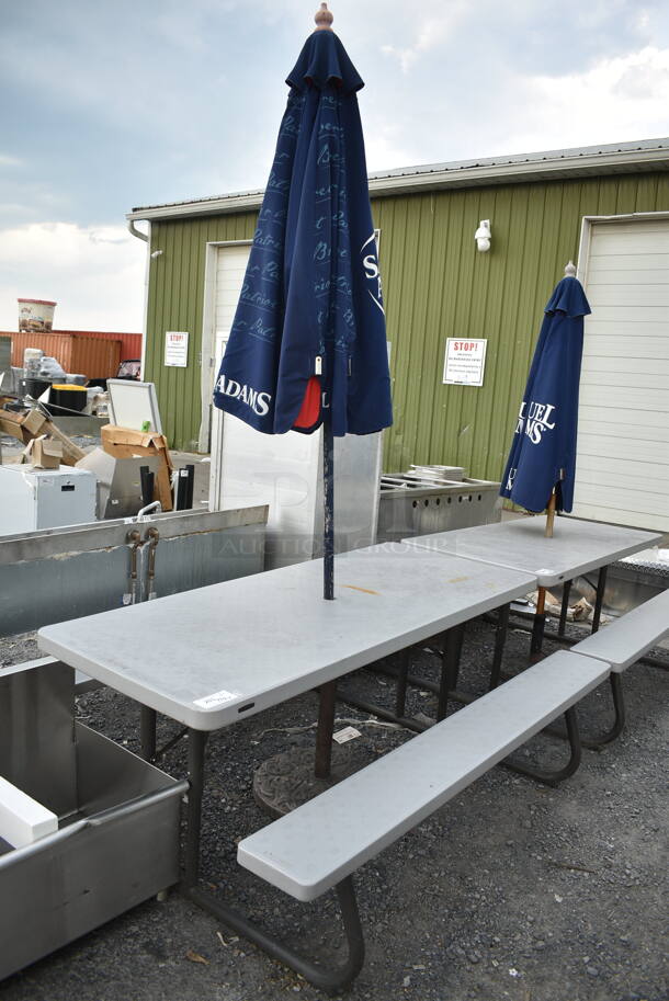 Lifetime Gray Poly Picnic Table on Black Metal Frame w/ Samuel Adams Patio Umbrella.  - Image 1 of 6