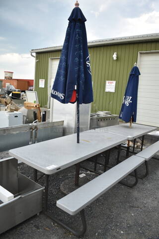Lifetime Gray Poly Picnic Table on Black Metal Frame w/ Samuel Adams Patio Umbrella. 