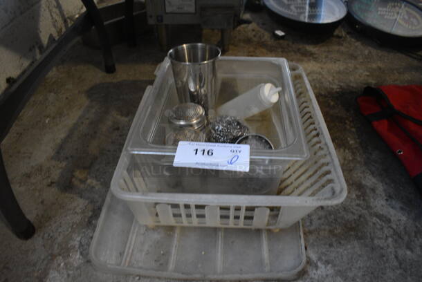 ALL ONE MONEY! Lot of Various Items Including Dish Dryer, Poly Half Size Bin, Seasoning Shakers and Metal Mixing Cup!