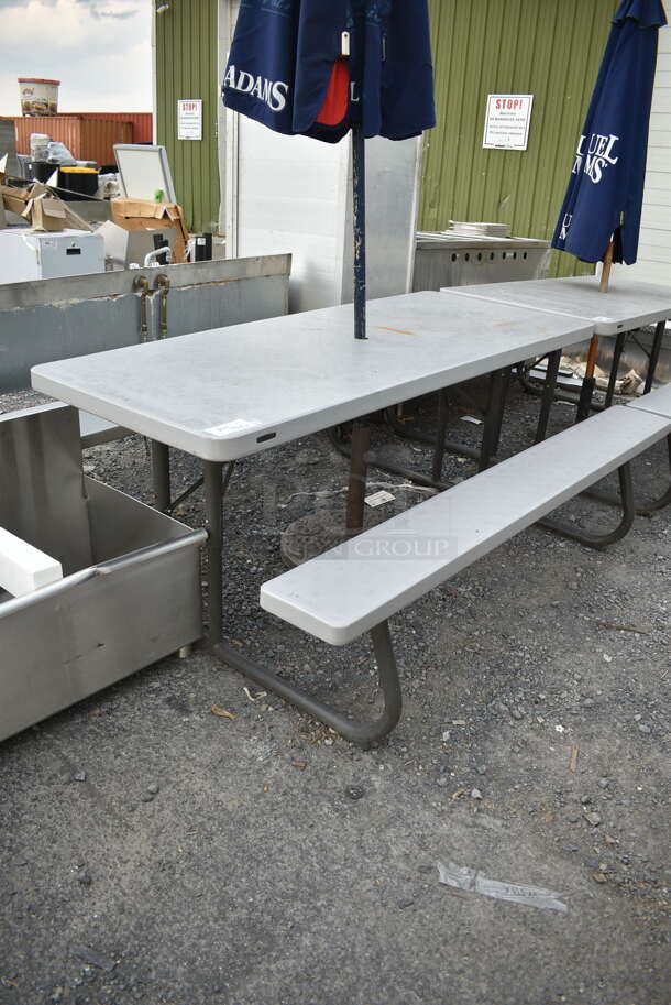Lifetime Gray Poly Picnic Table on Black Metal Frame w/ Samuel Adams Patio Umbrella.  - Image 2 of 6