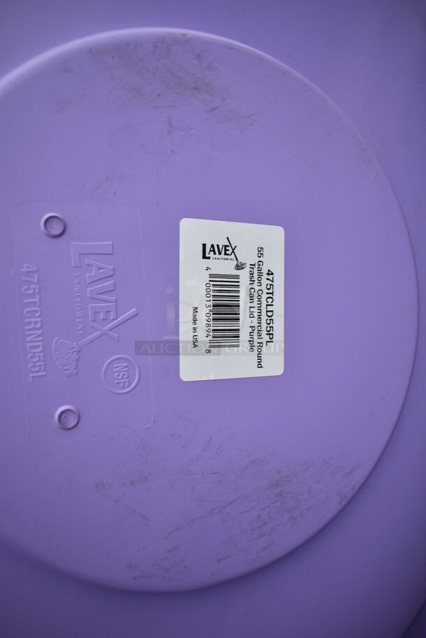 2 BRAND NEW SCRATCH AND DENT! Bins; Lavex 475SQ19BLREC 19 Gallon Blue Square Recycle Bin, Lavex 475TCRND55BK 55 Gallon Black Round Commercial Trash Can and 2 Lids; Lavex 475TCLD55PL 55 Gallon Purple Round Commercial Trash Can Lid and Lavex 475TCLD55BK 55 Gallon Black Round Commercial Trash Can Lid. 2 Times Your Bid! - Image 5 of 12
