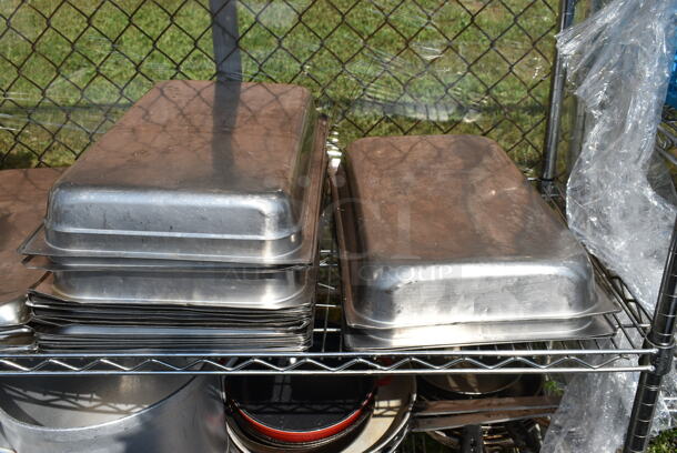 Chrome Finish 4 Tier Shelving Unit w/ Contents Including Stainless Steel Drop In Bins, Colander, Stock Pots. BUYER MUST DISMANTLE. PCI CANNOT DISMANTLE FOR SHIPPING. PLEASE CONSIDER FREIGHT CHARGES.  - Image 6 of 11