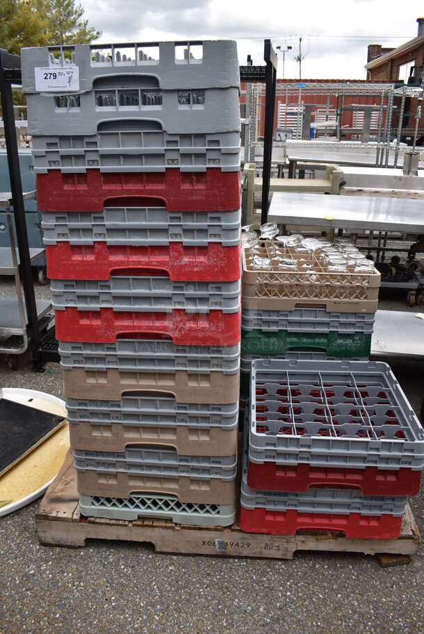 ALL ONE MONEY! Pallet Lot of 22 Various Dish Caddies w/ Various Beverage Glasses and Beverage Tumblers. Includes 19.5x19.5x7.5 - Image 1 of 12