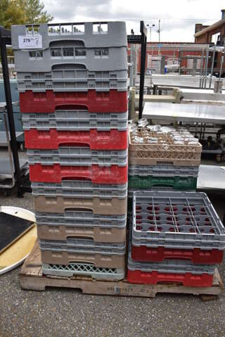 ALL ONE MONEY! Pallet Lot of 22 Various Dish Caddies w/ Various Beverage Glasses and Beverage Tumblers. Includes 19.5x19.5x7.5