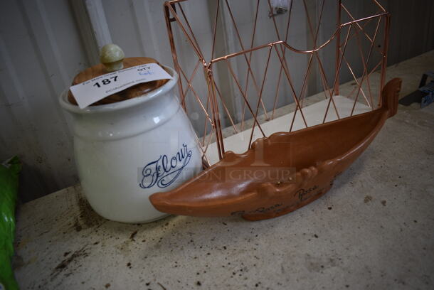 ALL ONE MONEY! Lot of 3 Various Items; Flour Jar, Copper Finish Basket and Wood Pattern Decorative Boat. Includes 13x4x9 - Image 2 of 3