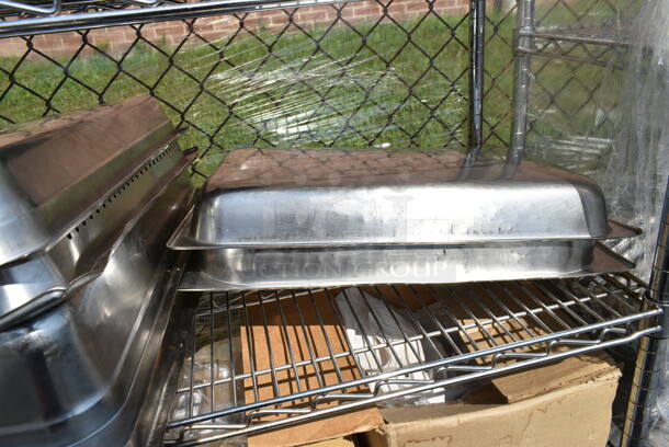 Chrome Finish 4 Tier Shelving Unit on Commercial Casters w/ Contents Including Stainless Steel Drop In Bins, Iced Tea Holder Dispenser. BUYER MUST DISMANTLE. PCI CANNOT DISMANTLE FOR SHIPPING. PLEASE CONSIDER FREIGHT CHARGES.  - Image 7 of 12