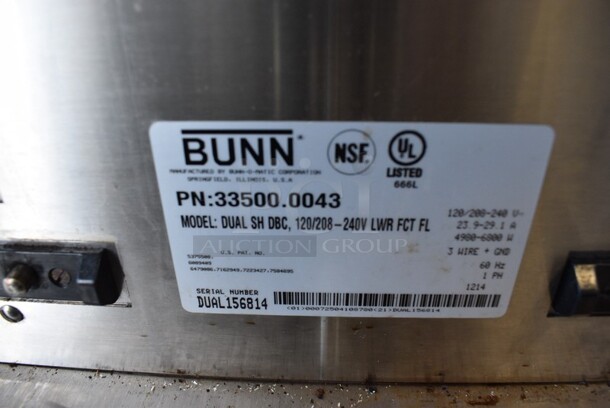 2014 Bunn Model DUAL SH DBC Stainless Steel Commercial Countertop Dual Coffee Machine w/ Hot Water Dispenser, 2 Stainless Steel Brew Baskets and 2 Bunn Model SH SERVER Satellite Servers. 120/208-240 Volts, 1 Phase. 18x24x36. Tested and Working! - Image 5 of 6