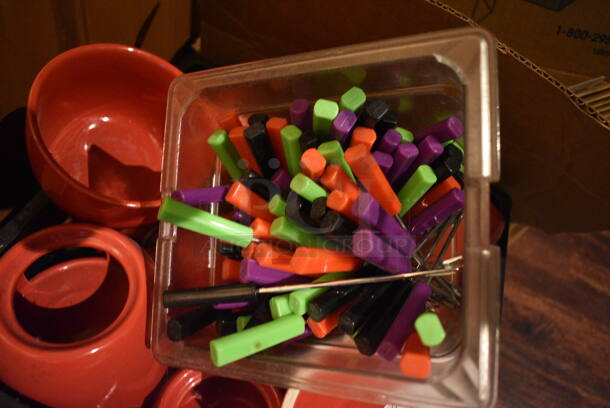 ALL ONE MONEY! Lot of Red Ceramic Fondue Pot Stands and Skewers. (bar) - Image 4 of 4