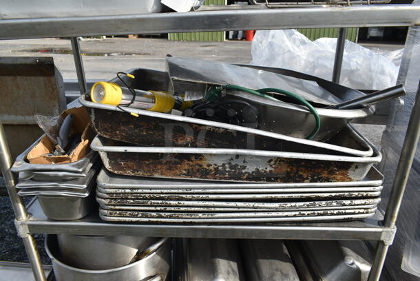 Metal 4 Tier Shelving Unit w/ Contents Including Stainless Steel Drop In Bins and Metal Baking Pans.  - Image 6 of 10
