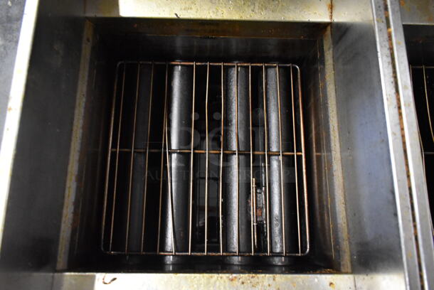 Pitco Frialator SG14 Stainless Steel Commercial Floor Style Natural Gas Powered Double Bay Deep Fat Fryer w/ Filtration System and Grease Trap. 110,000 BTU.  - Image 3 of 11