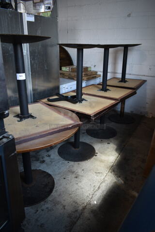 8 Wood Pattern Dining Height Tables on Black Metal Table Base; 1 Round and 7 Rectangular. 8 Times Your Bid!