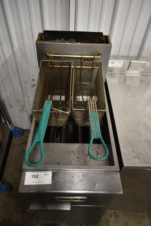 Patriot PT-F4-NG Stainless Steel Commercial Floor Style Natural Gas Powered Deep Fat Fryer w/ 2 Metal Fry Baskets on Commercial Casters. 120,000 BTU. - Image 2 of 7