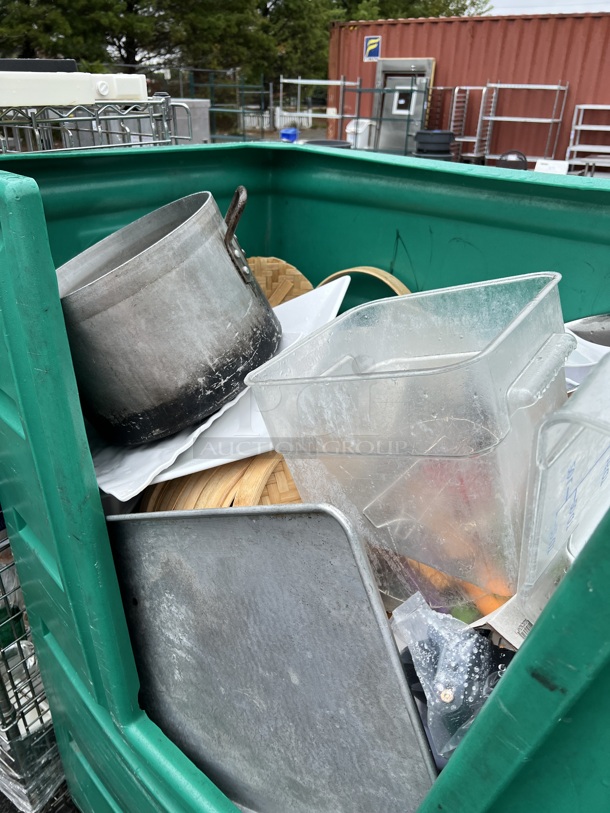 Green Poly Portable Bin on Commercial Casters w/ Contents Including Stock Pot and Poly Bins. 48x26x65 - Image 8 of 9