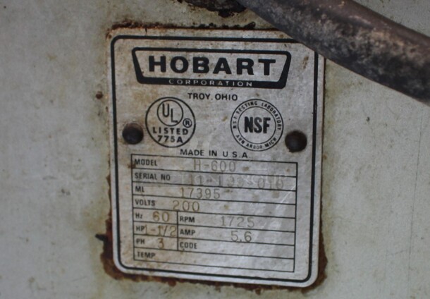 Hobart Model H-600 Metal Commercial Floor Style 60 Quart Planetary Dough Mixer w/ Bowl Adapter. 200 Volts, 3 Phase. 28x36x55 - Image 8 of 8