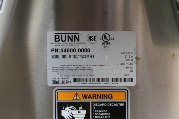 2017 Bunn DUAL TF DBC Stainless Steel Commercial Countertop Double Coffee Machine w/ Hot Water Dispenser and 2 Metal Brew Baskets. 120/240 Volts, 1 Phase. - Image 4 of 5