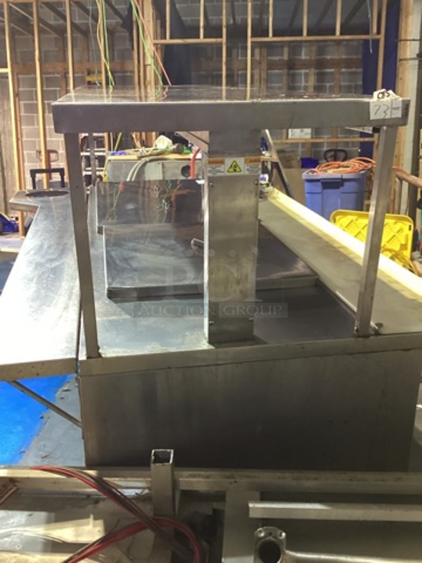 Randell Stainless Steel Dual-Sided Refridgerated Work Island, Multi-Pan Prep Table W/Two -Door and Two Drawers  Refrigerated Storage. Tested And Working. 84 x  46/52 x 58.
 - Image 6 of 11