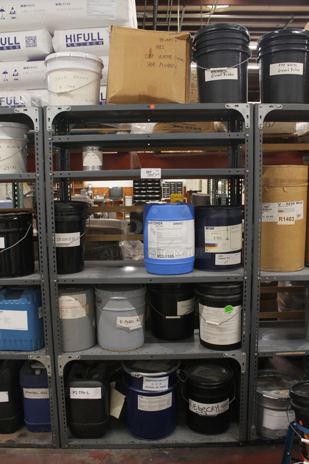 Gray Metal 6 Tier Shelving Unit w/ Contents Including Sartomer. BUYER MUST REMOVE. - Image 1 of 5