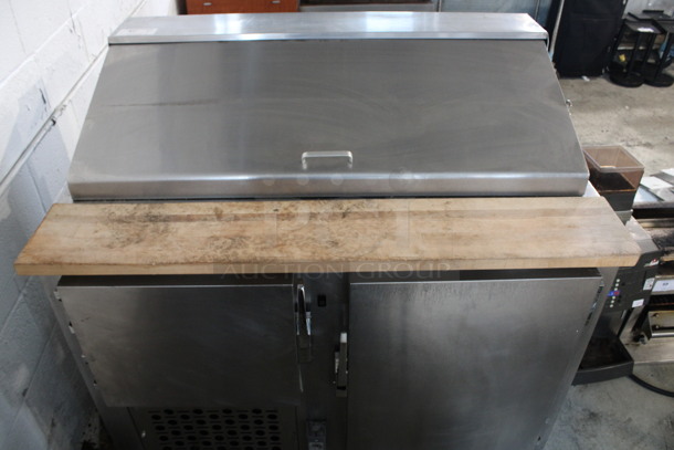Leader Stainless Steel Commercial Sandwich Salad Make Line Prep Table Bain Marie Top w/ Butcher Block Cutting Board and Various Drop In Bins. 48x32.5x45.5. Tested and Working! - Image 1 of 6