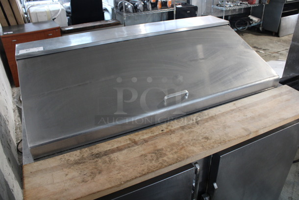 Leader Stainless Steel Commercial Sandwich Salad Make Line Prep Table Bain Marie Top w/ Butcher Block Cutting Board and Various Drop In Bins. 48x32.5x45.5. Tested and Working! - Image 2 of 6