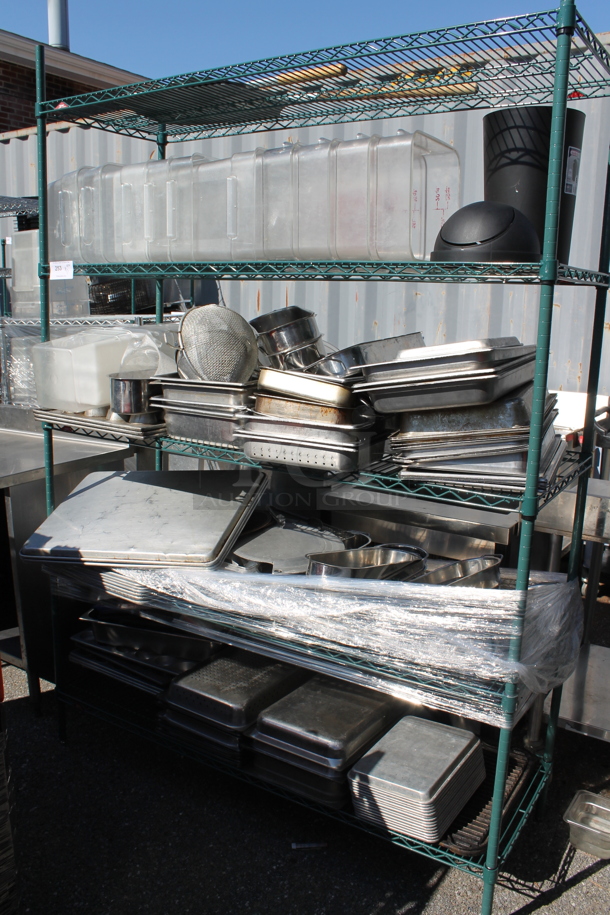 Metro Green Metal 5 Tier Wire Shelving Unit w/ Contents Including Poly Bins and Stainless Steel Drop In Bins. BUYER MUST DISMANTLE. PCI CANNOT DISMANTLE FOR SHIPPING. PLEASE CONSIDER FREIGHT CHARGES. - Image 1 of 5