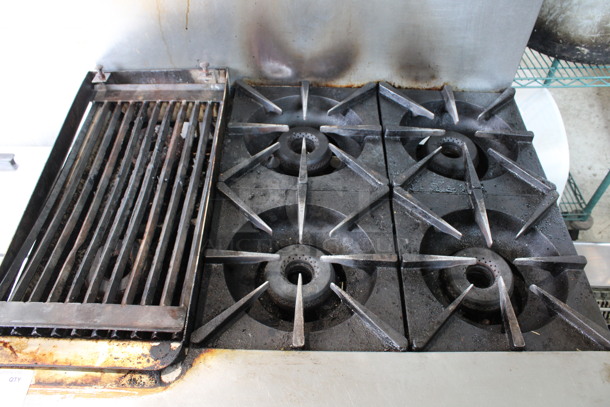 Vulcan Stainless Steel Commercial Propane Gas Powered 4 Burner Range w/ Left Side Charbroiler, Oven, Over Shelf and Back Splash. 36x33x58 - Image 2 of 8