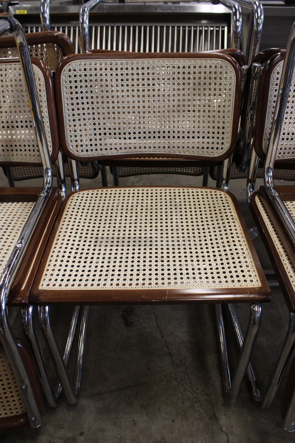 4 Wooden Dining Chairs w/ Mesh Backrest and Seat on Chrome Finish Legs. Stock Picture - Cosmetic Condition May Vary. 18x19x31. 4 Times Your Bid!