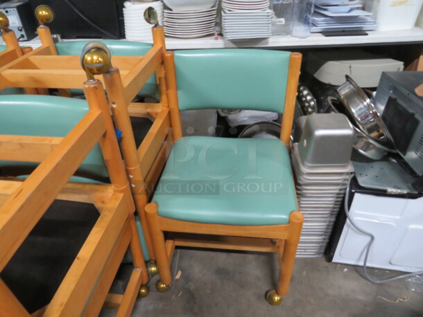 Wooden Chair With Cushioned Seat And Back On Casters. 2XBID