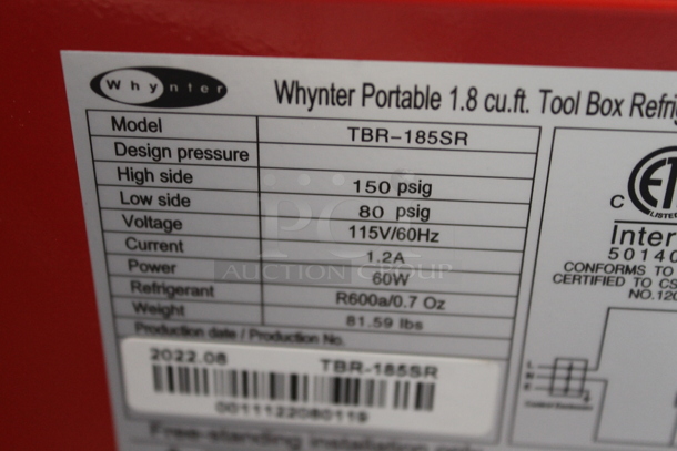 BRAND NEW SCRATCH AND DENT! Whynter TBR-185SR Metal Portable 1.8 cu.ft. Tool Box Refrigerator with 2 Drawers. 115 Volts, 1 Phase. Tested and Working! - Image 7 of 7