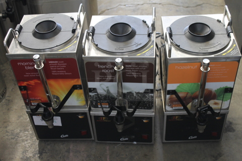 3 Curtis GEM3IF419 Satellite Servers on 3 Curtis GEM5IF Stainless Steel Commercial Countertop Satellite Server Stands. 120 Volts, 1 Phase. 3 Times Your Bid!