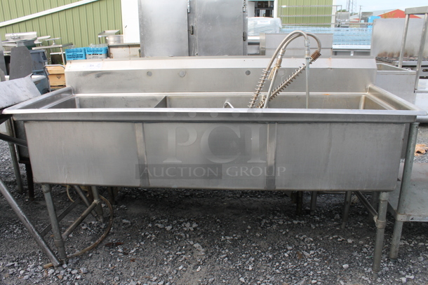 Stainless Steel Commercial 3 Bay Sink w/ 2 Faucets, Handles and Spray Nozzle Attachments. Bays 24x24 - Image 1 of 6