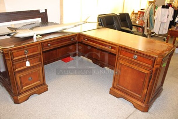 Hooker Wooden L Shaped Desk w/ Glass Top Pane. - Image 1 of 7