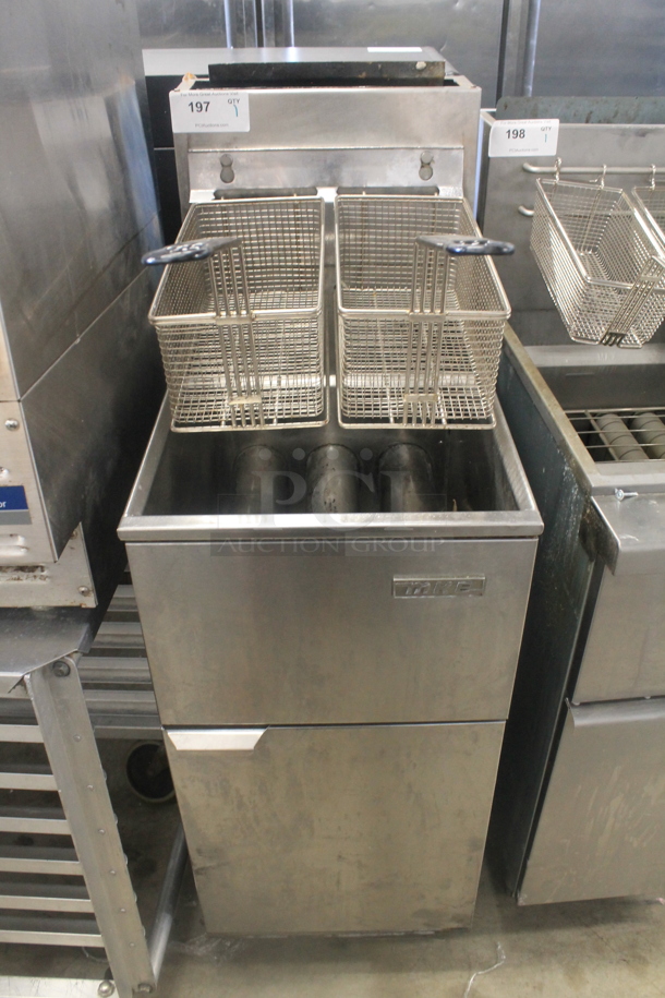 MKE FG-115 Stainless Steel Commercial Floor Style Natural Gas Powered Deep Fat Fryer w/ 2 Metal Fry Baskets. 115,000 BTU. - Image 1 of 8