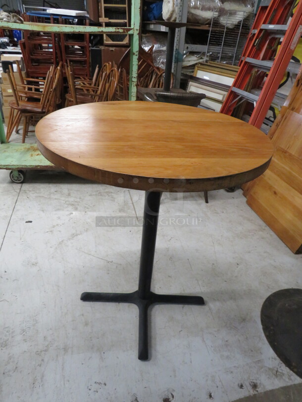 One 2 Inch Thick Solid Wood Butcher Block Table On A Bar Height Pedestal Base. 36X36X43 - Image 1 of 2