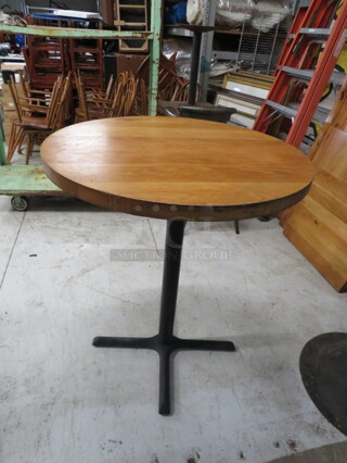One 2 Inch Thick Solid Wood Butcher Block Table On A Bar Height Pedestal Base. 36X36X43
