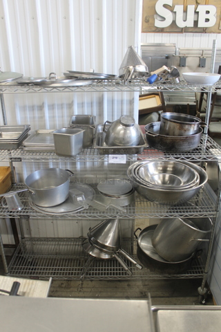 Chrome Finish 4 Tier Wire Shelving Unit on Commercial Casters w/ Contents Including Stainless Steel Drop In Bins and Bowls. BUYER MUST DISMANTLE. PCI CANNOT DISMANTLE FOR SHIPPING. PLEASE CONSIDER FREIGHT CHARGES.