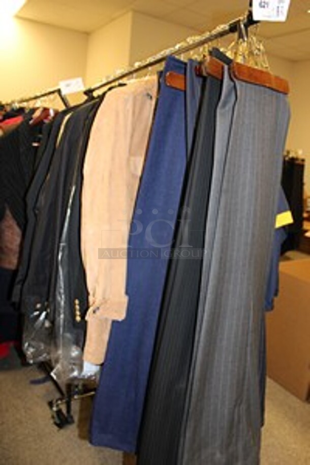 ALL ONE MONEY! Clothing Rack Lot of Various Men's Clothing Including Dress Pants, Men's Jackets, Cutter & Buck WeatherTec Jacket, and Travel Smith Men's Jacket. Sizes Appear to be Size M & L. Clothing Racks Not Included!
