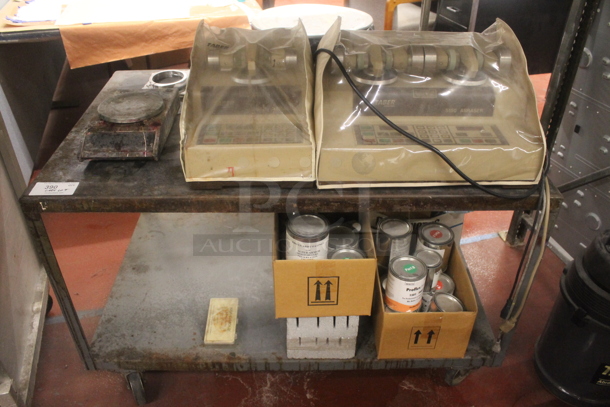 Metal 2 Tier Cart w/ Contents Including Taber 5130 Abraser and Taber 5150 Abraser on Commercial Casters. - Image 1 of 8