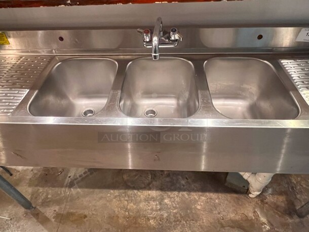 3-Bay Under Bar Dish Sink. NO Faucet 
5'x19"x30.5"
**LABOR FOR REMOVAL ADDITIONAL FEE, CONTACT MISSOURI DIVISION FOR LABOR QUOTE OR ADDITIONAL QUESTIONS. - Image 2 of 4