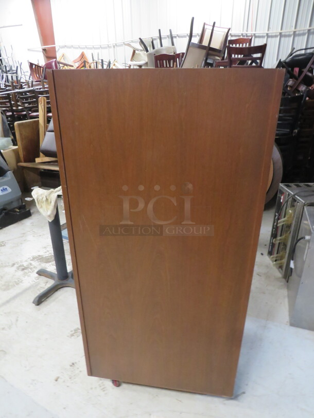 One Brown Laminate Trash Receptacle With An Overshelf, Under Storage With 1 Shelf, A Slim Jim Trash Can On Casters. 26X23X55 - Image 2 of 3