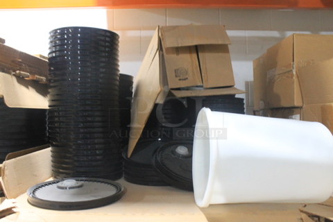 ALL ONE MONEY! TWO PALLET LOT of Various Items Including Black Poly Round Lids. BUYER MUST REMOVE.