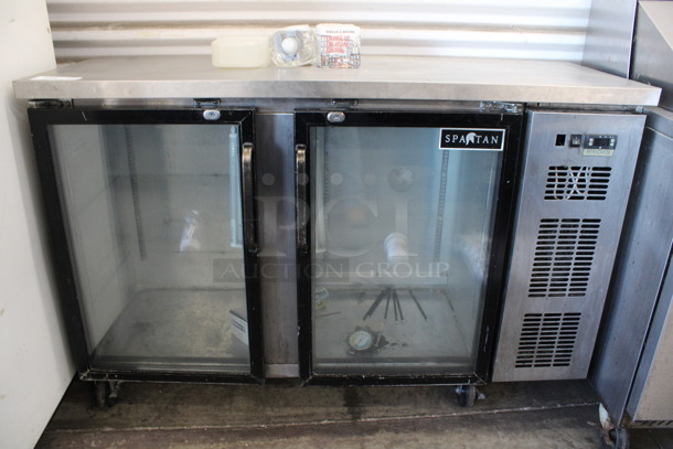 Spartan Model SGBB-58 Stainless Steel Commercial 2 Door Undercounter Cooler Merchandiser on Commercial Casters. 115 Volts, 1 Phase. 58x20.5x38. Tested and Does Not Power On