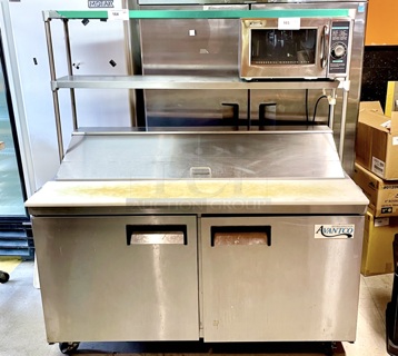 LOCKED, STOCKED & LOADED! Avantco 178APT60 60" 2 Door Refrigerated Sandwich Prep Table With Removable and Adjustable (2) Level Over-Shelf and: (8) 1/6 Pans, (6) 1/9 Pans and (2) 1/3 Pans,. 60 x 31 x 42 3/8.Height With Overshelf 74-3/8"  **Microwave Not Included**
