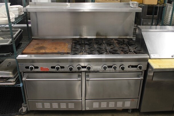 Garland PS-24G-6-2628 Stainless Steel Commercial Natural Gas Powered 6 Burner Range w/ Left Side Flat Top Griddle, 2 Ovens, Over Shelf and Back Splash.